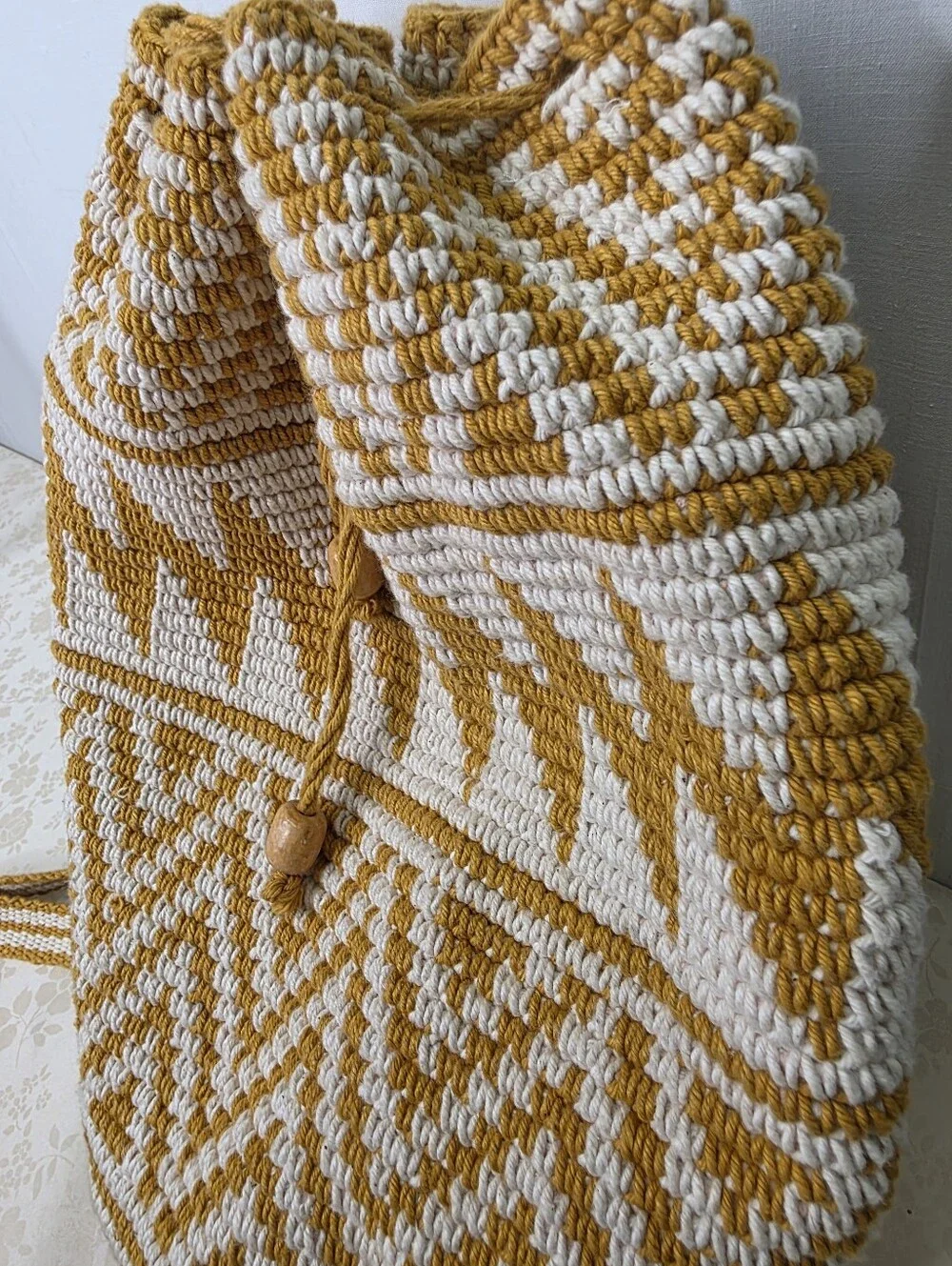 Unique Batik Guatemala Crocheted Drawstring Backpack Mustard Yellow Boho Bucket